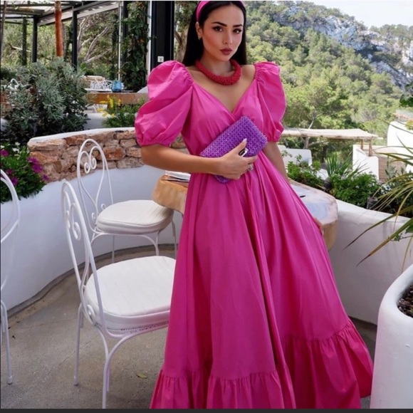 ZARA | NWT FUCHSIA PUFF SLEEVES MIDI DRESS BLOGGERS FAVORITE - Picture 2 of 10